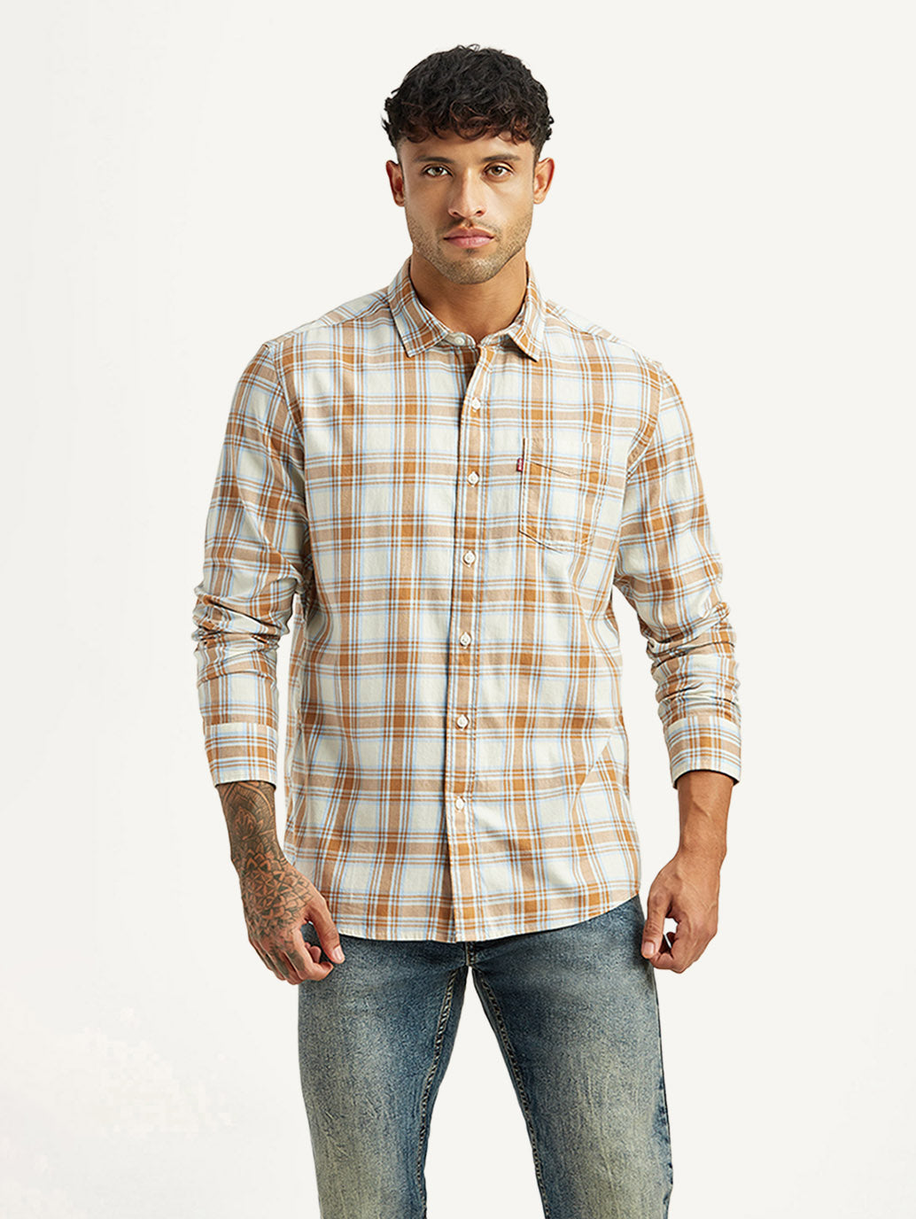 Men's Checkered White Slim Fit Shirt - Front View