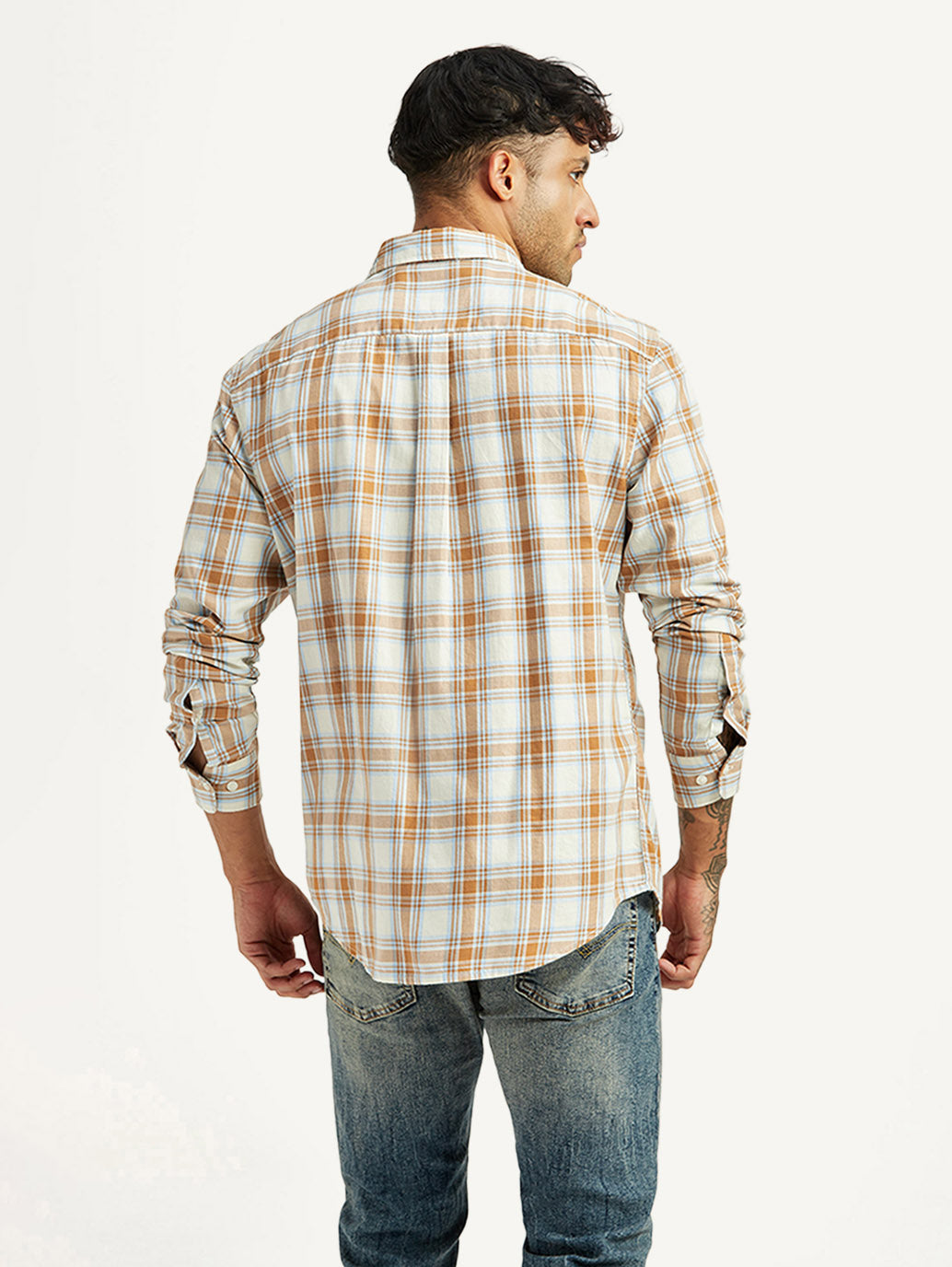 Men's Checkered White Slim Fit Shirt - Back View