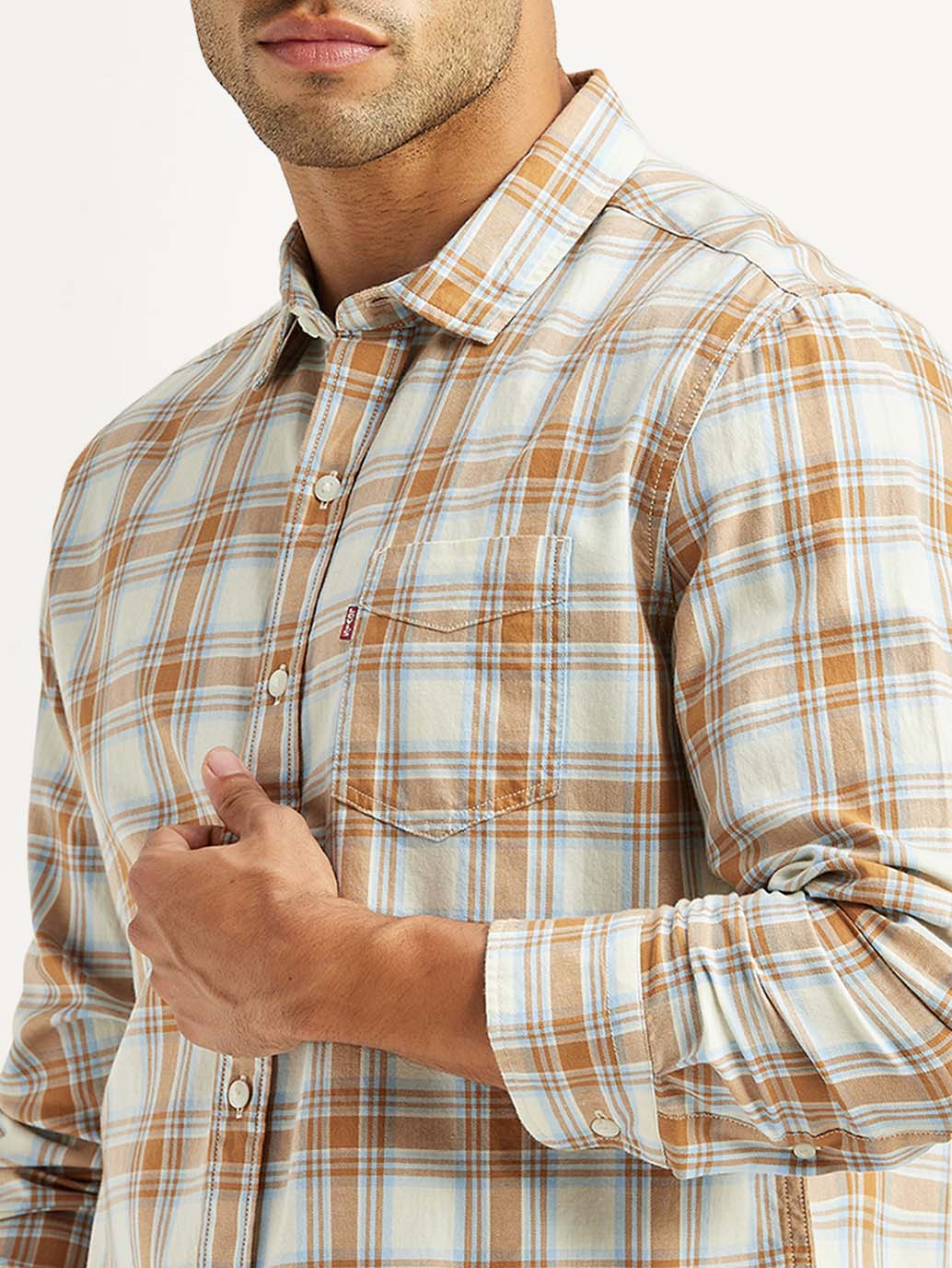 Men's Checkered White Slim Fit Shirt - Detail View