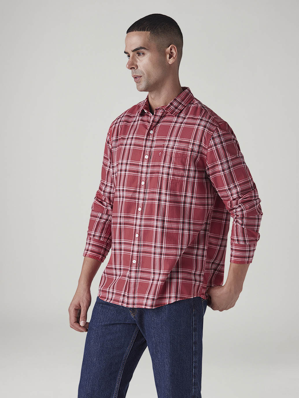 Men's Checkered Slim Fit Oxford Shirt - Side View