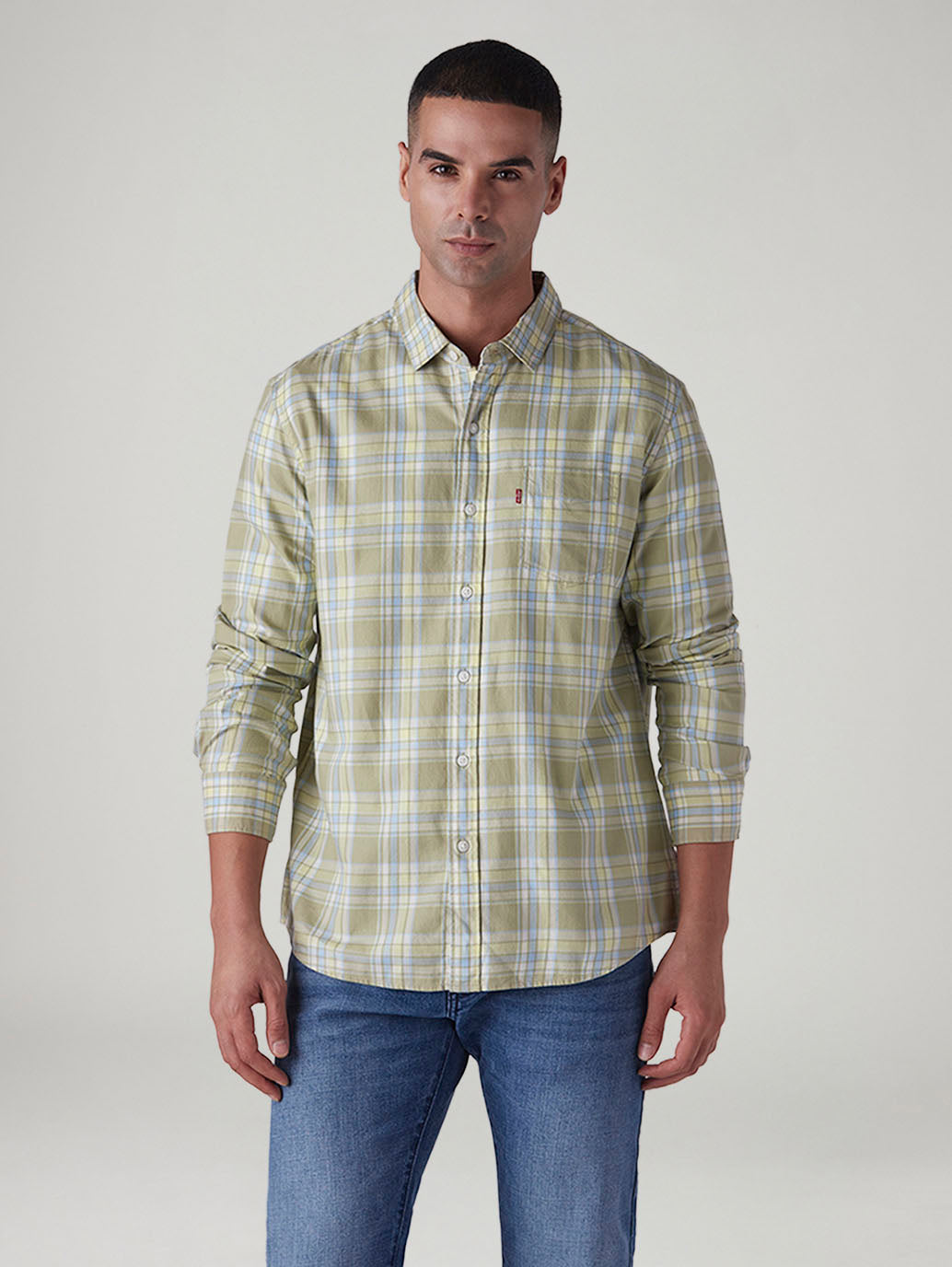 Men's Checkered Slim Fit Oxford Shirt - Front View
