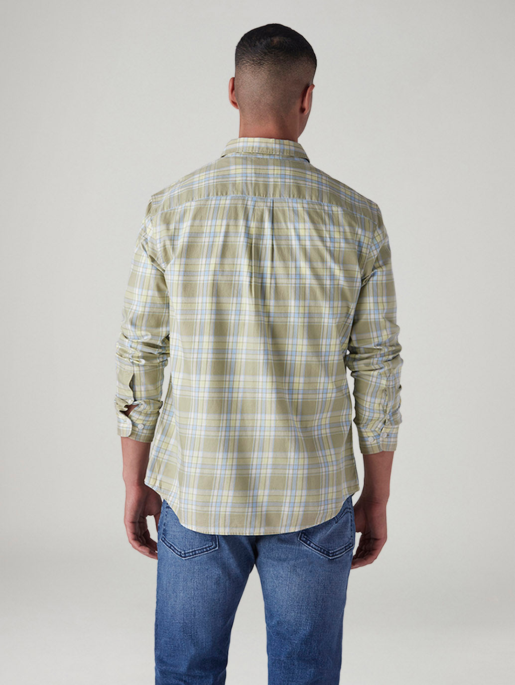 Men's Checkered Slim Fit Oxford Shirt - Back View