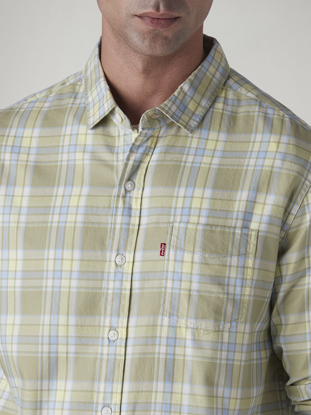 Men's Checkered Slim Fit Oxford Shirt - Detail View
