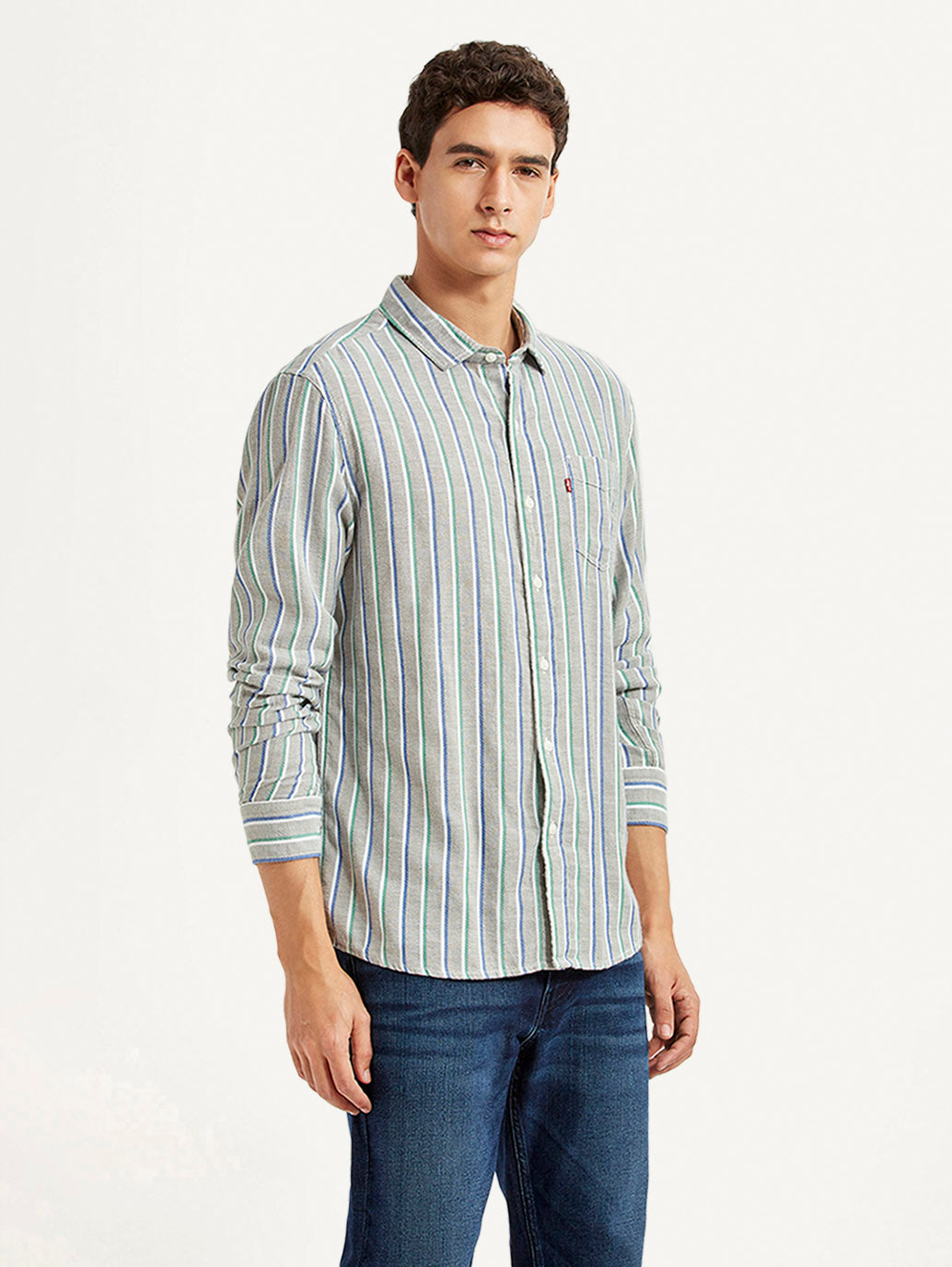 Men's Striped Grey Slim Fit Shirt - Side View