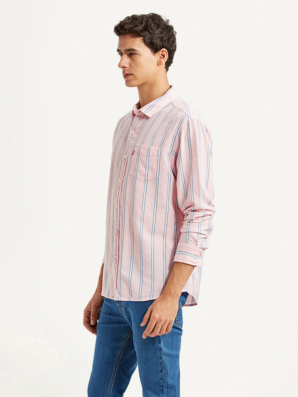 Men's Striped Pink Slim Fit Shirt - Side View