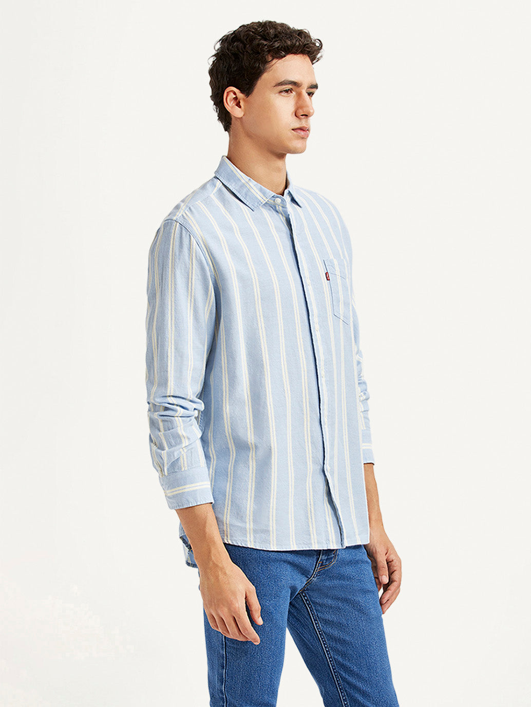 Men's Striped Light Blue Slim Fit Shirt - Side View