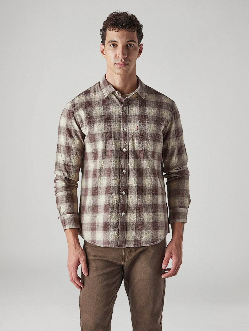 Men's Checkered Slim Fit Textured Shirt - Front View