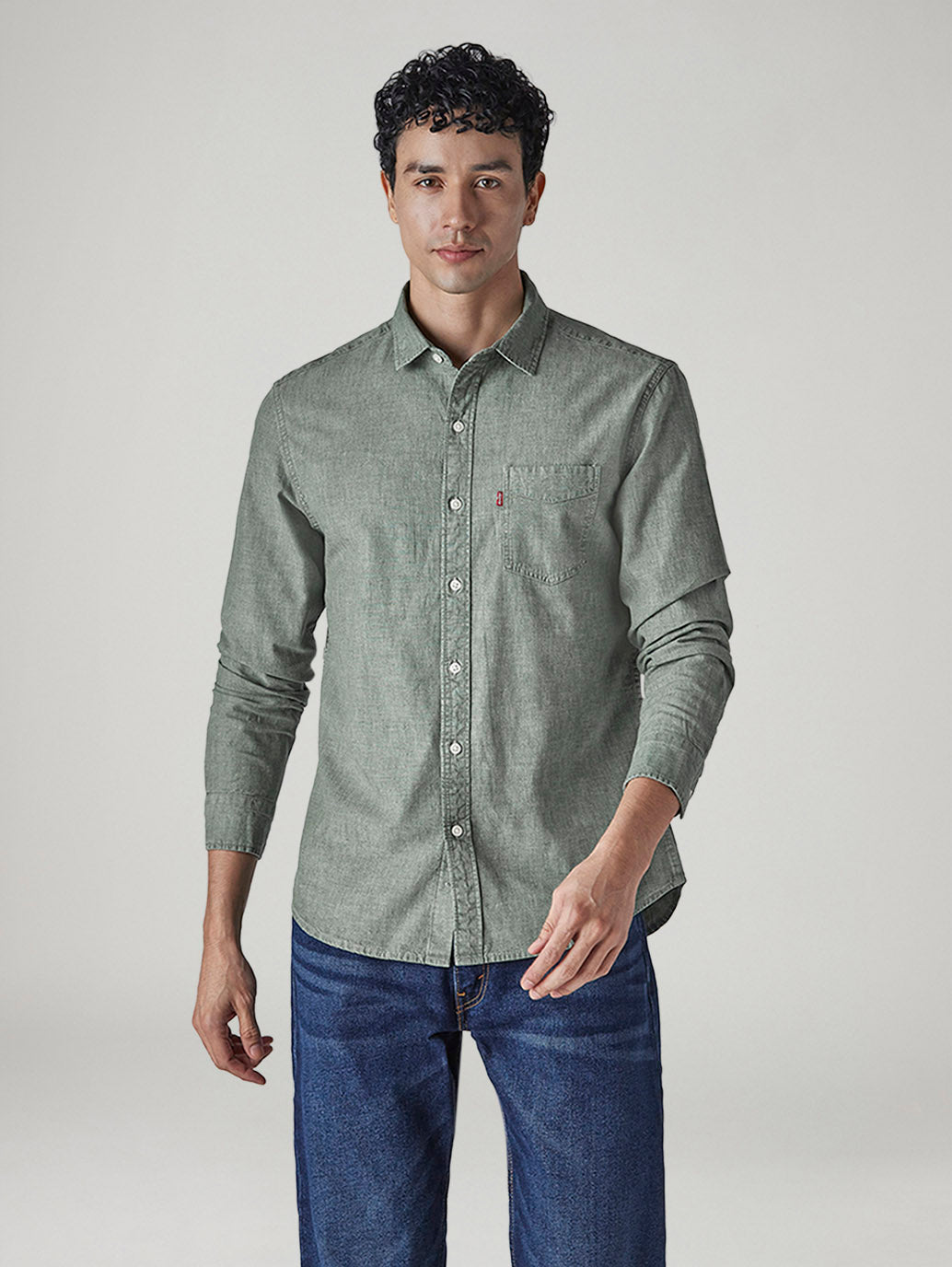 Men's Solid Slim Fit Chambray Shirt - Front View