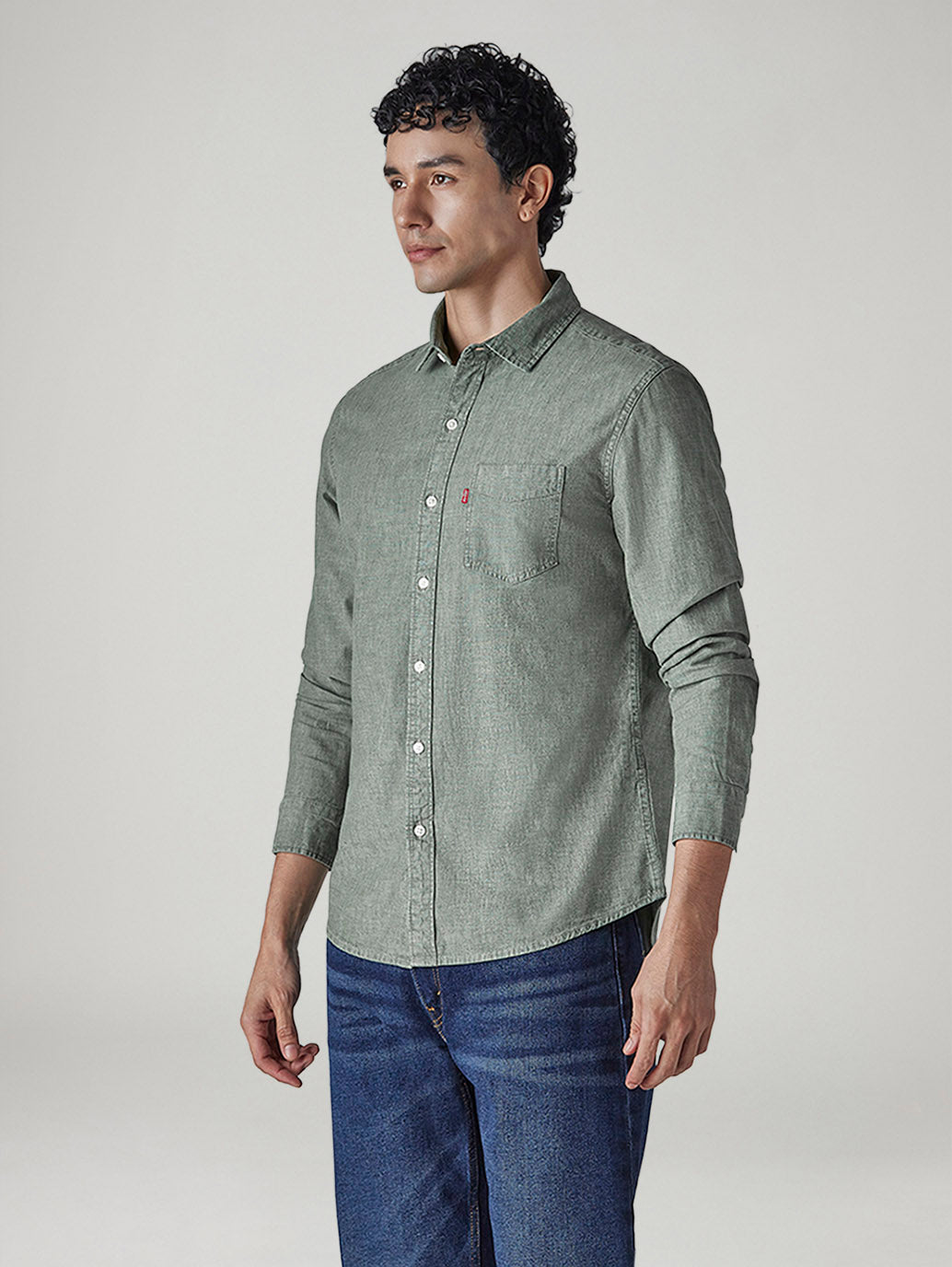 Men's Solid Slim Fit Chambray Shirt - Side View