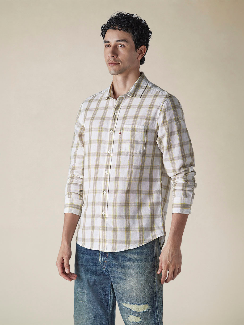 Men's Checkered Slim Fit Linen Shirt - 60d01bb1-d228-47ba-abcc-a027f905fbec View
