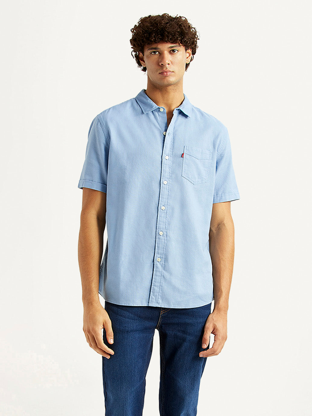 Men's Solid Light Blue Slim Fit Oxford Shirt - Styleshot View
