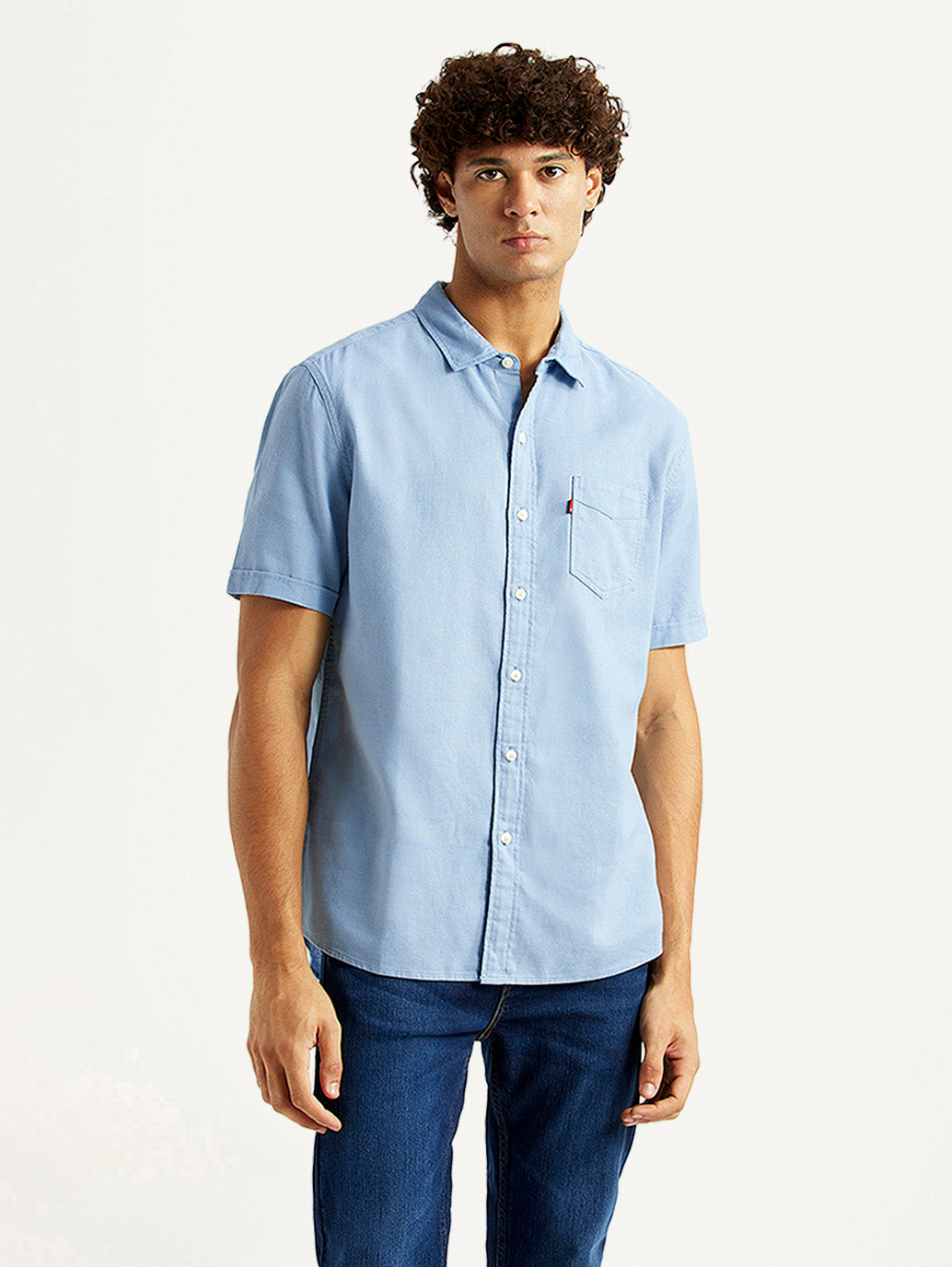 Men's Solid Light Blue Slim Fit Oxford Shirt - Front View