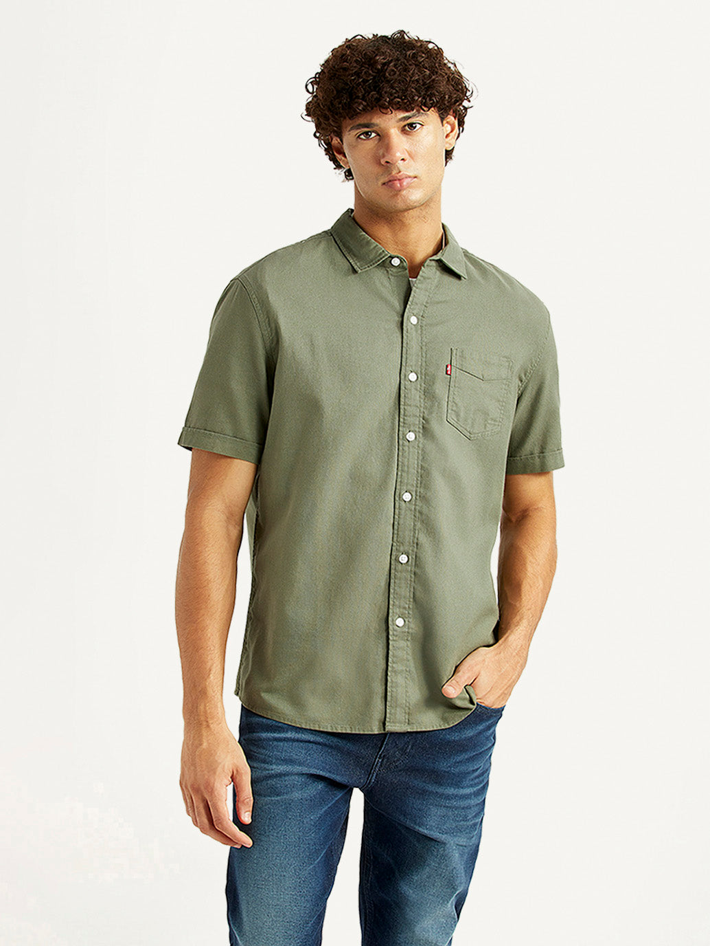 Men's Solid Olive Slim Fit Oxford Shirt - Front View