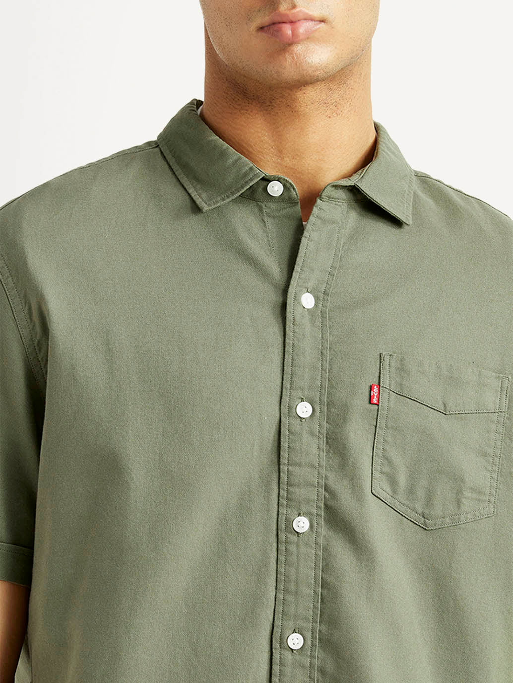 Men's Solid Olive Slim Fit Oxford Shirt - Detail View