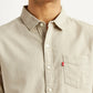Men's Solid Beige Slim Fit Oxford Shirt - Detail View