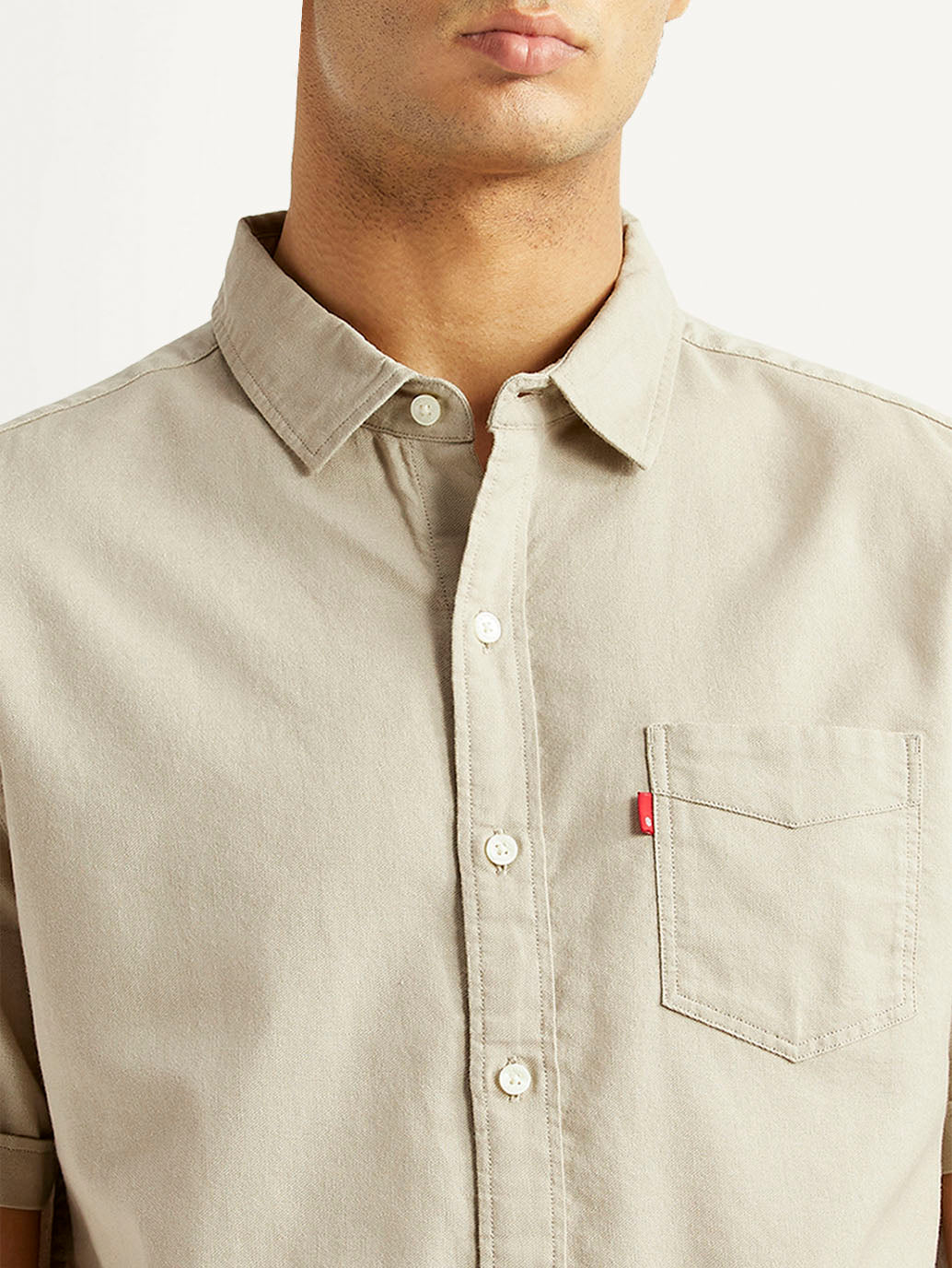 Men's Solid Beige Slim Fit Oxford Shirt - Detail View