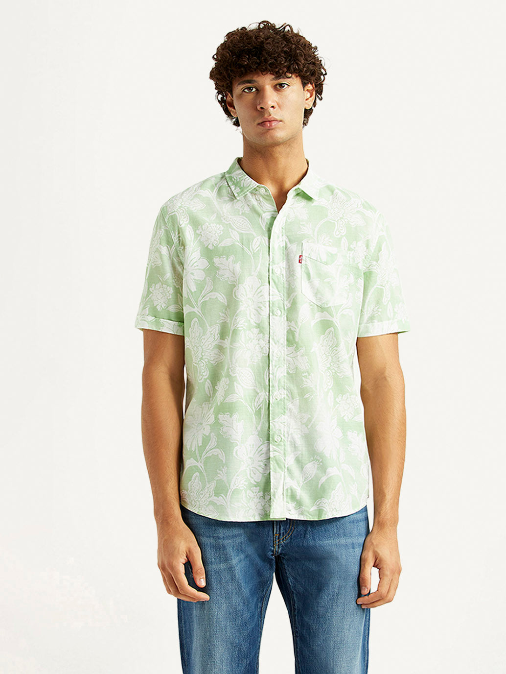 Men's Floral Light Green Slim Fit Shirt - Front View