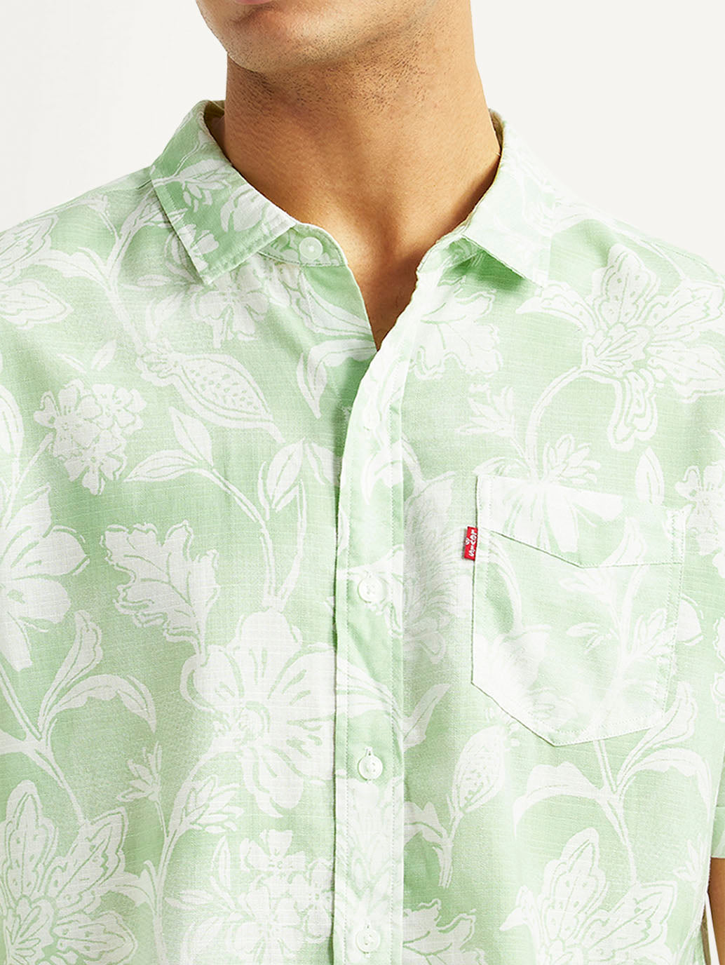 Men's Floral Light Green Slim Fit Shirt - Detail View