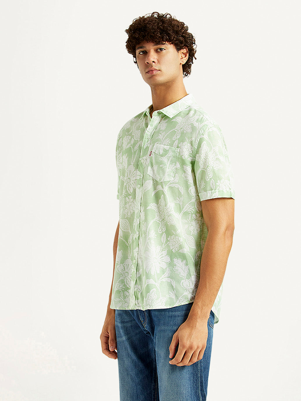 Men's Floral Light Green Slim Fit Shirt - Side View