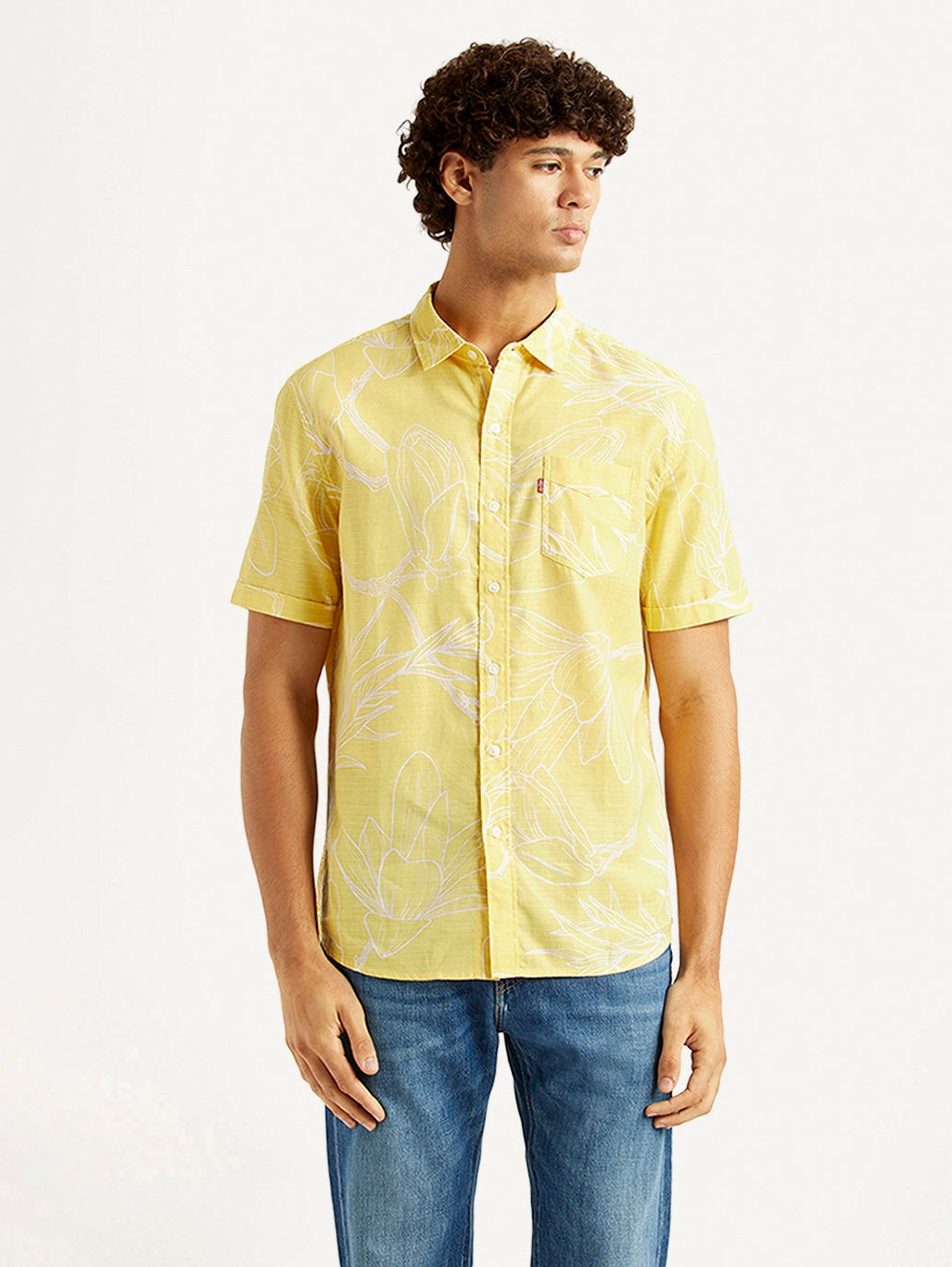 Men's Floral Yellow Slim Fit Shirt - Front View