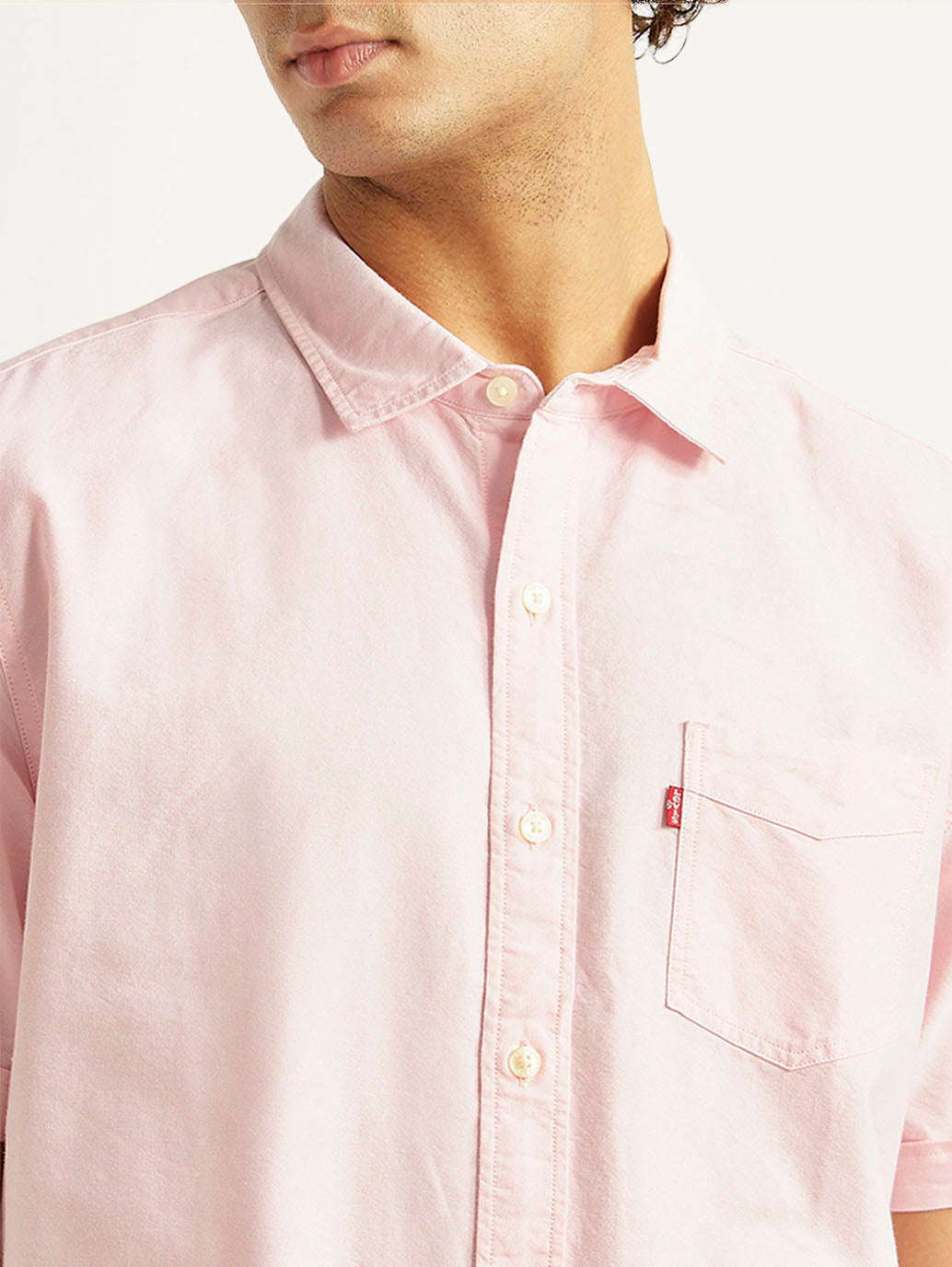 Men's Solid Light Pink Slim Fit Oxford Shirt - Detail View