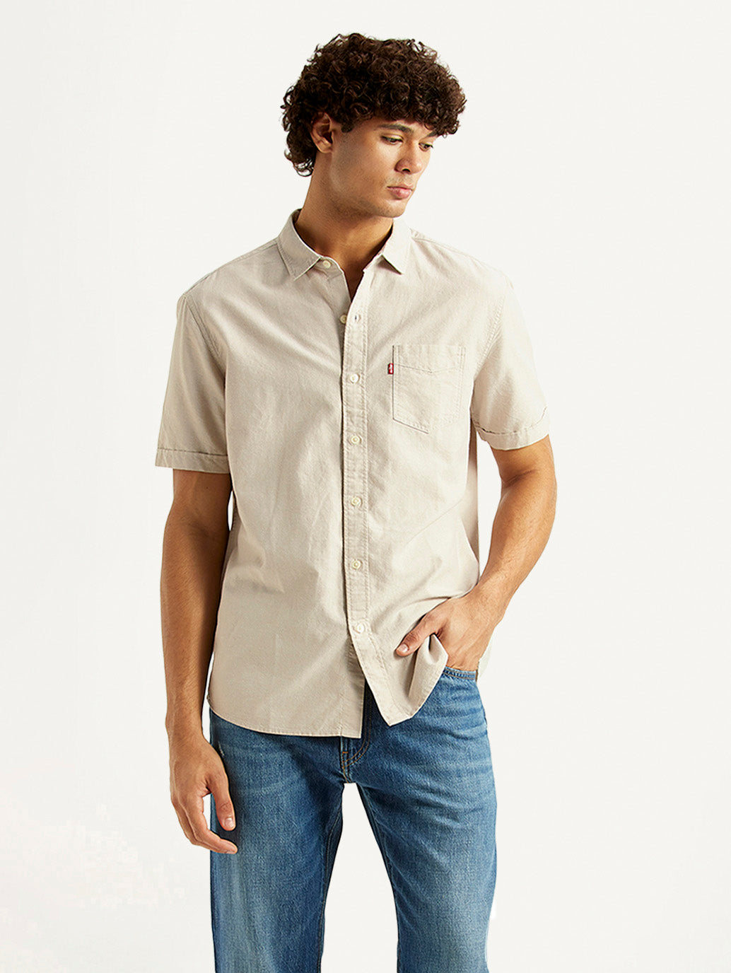 Men's Solid Beige Slim Fit Oxford Shirt