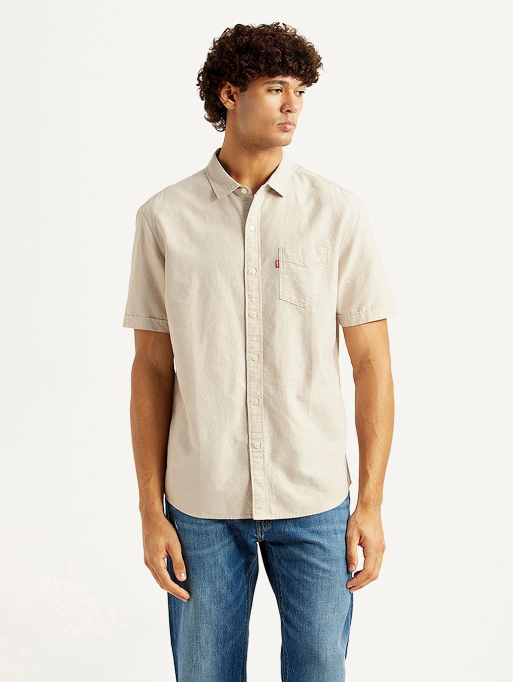 Men's Solid Beige Slim Fit Oxford Shirt - Front View