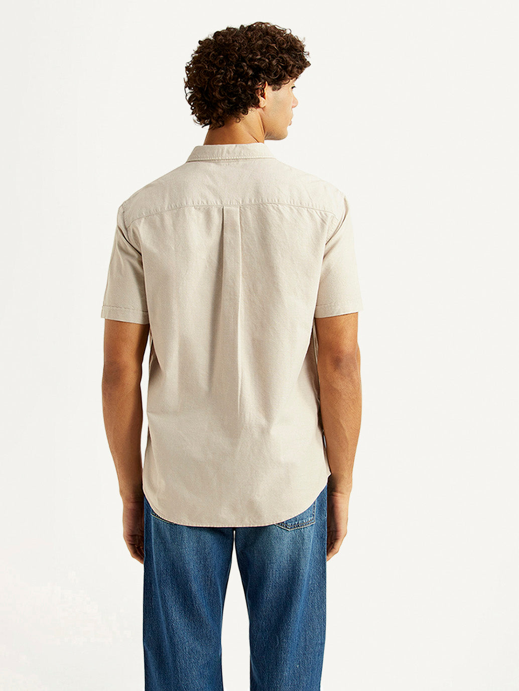 Men's Solid Beige Slim Fit Oxford Shirt - Back View