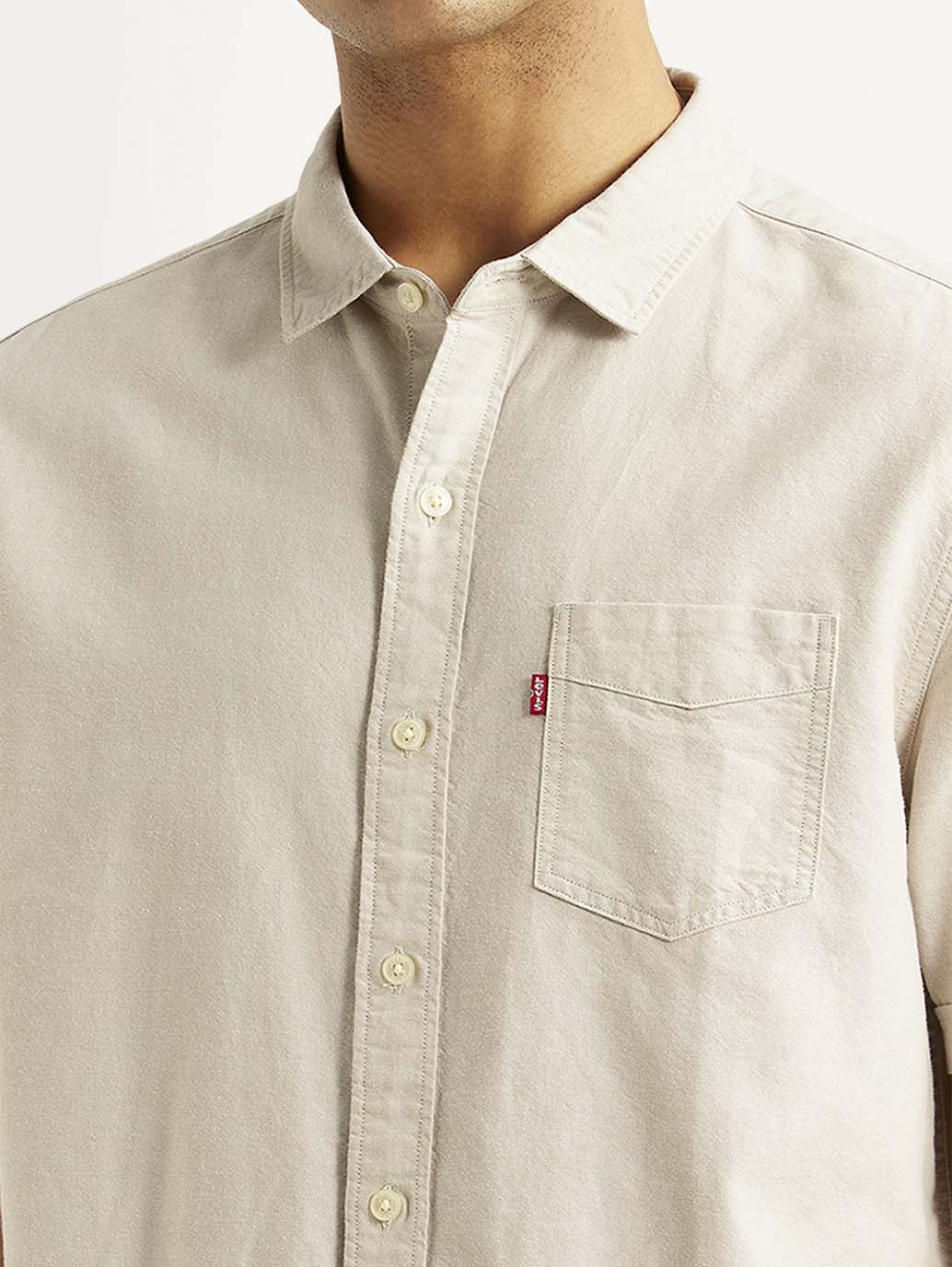 Men's Solid Beige Slim Fit Oxford Shirt - Detail View