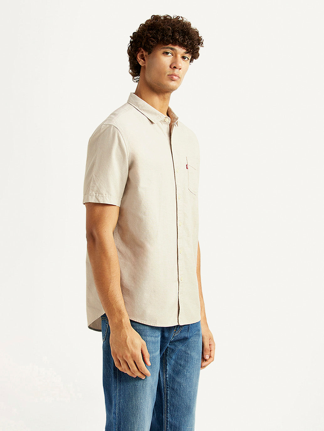 Men's Solid Beige Slim Fit Oxford Shirt - Side View