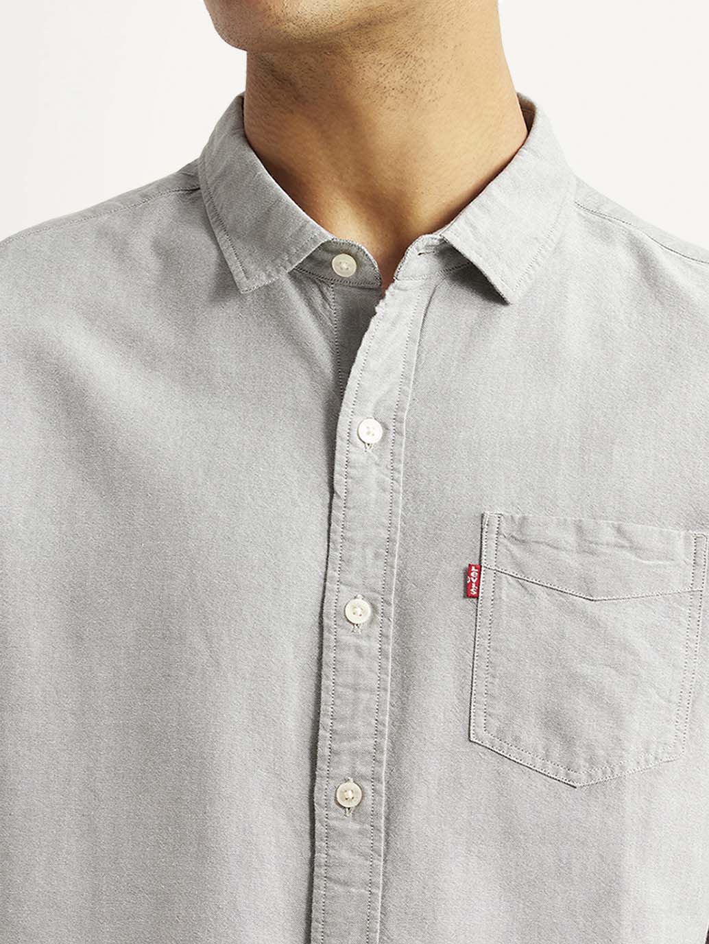 Men's Solid Light Grey Slim Fit Oxford Shirt - Detail View