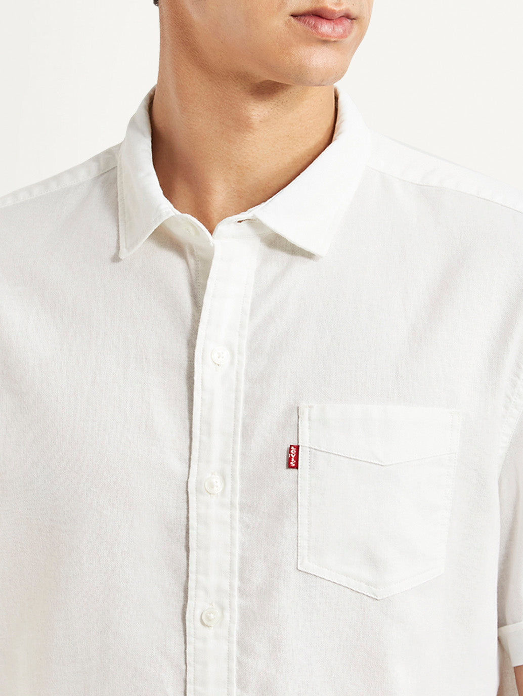 Men's Solid White Slim Fit Oxford Shirt - Detail View