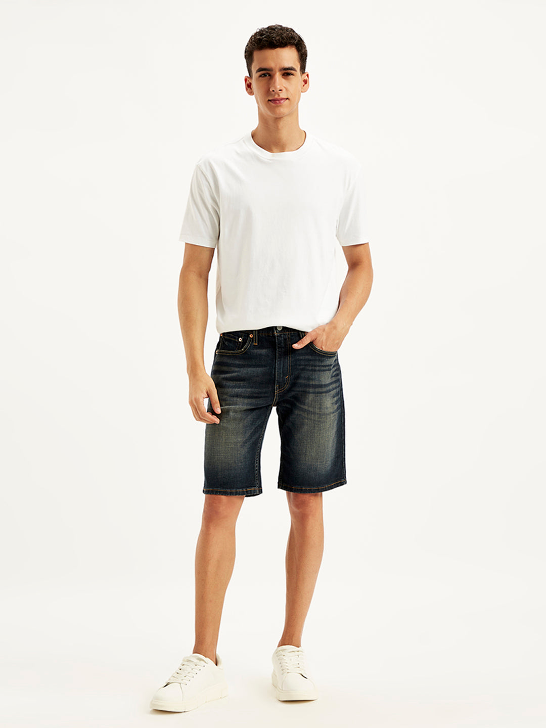 Men's Black Tapered Denim Shorts - Front View