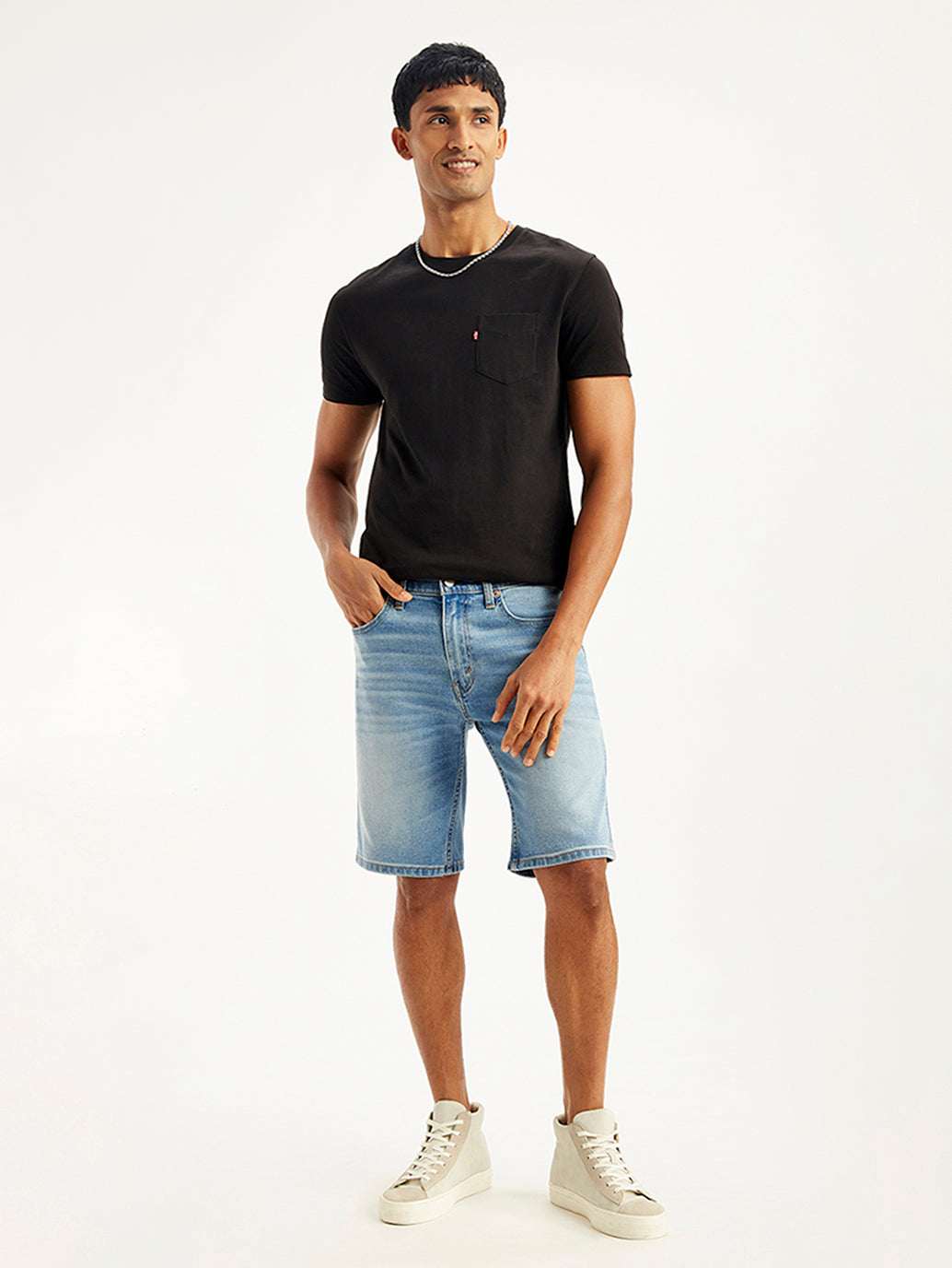 Men's Light-Blue Tapered Denim Shorts - Styleshot View