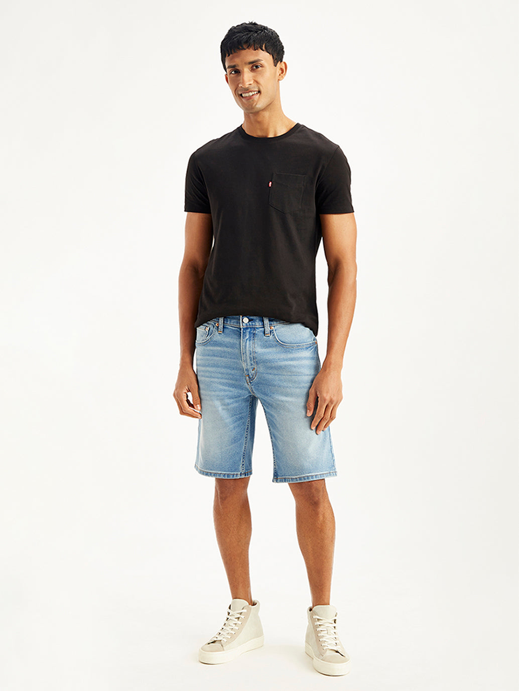 Men's Light-Blue Tapered Denim Shorts - Front View