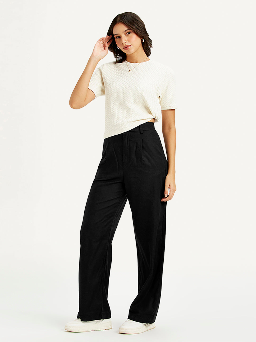Women's High Rise Black Loose Fit Trousers