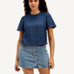 Women's Striped Dark Blue Round Neck Denim Top - 4b5b11994afb7abdbc305ad6275e1c57 View