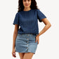Women's Striped Dark Blue Round Neck Denim Top - 4c45bd7850fd38f8bd53629117798c4e View