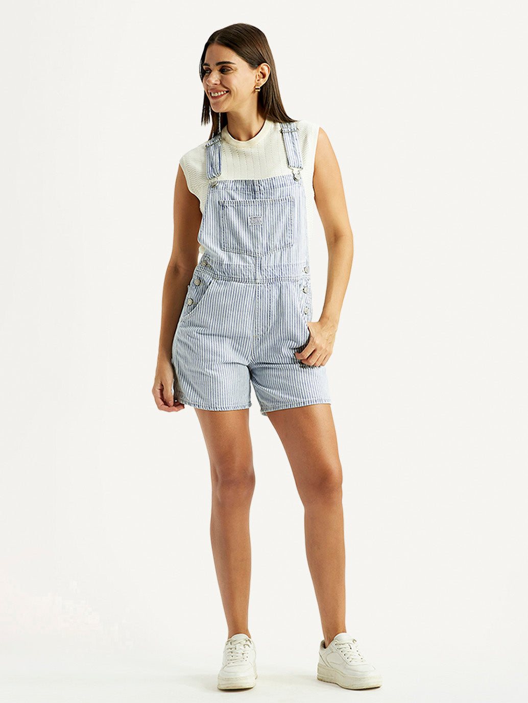 Women's Striped Light Blue Square Neck Dungaree