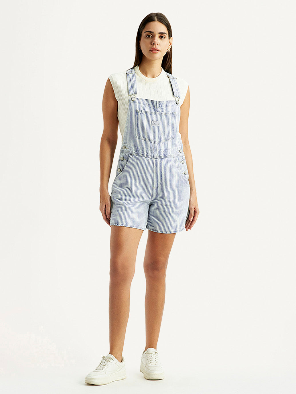 Women's Striped Light Blue Square Neck Dungaree - Front View