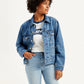 Women's Paisley Print Blue Spread Collar Denim Trucker Jacket - Styleshot View