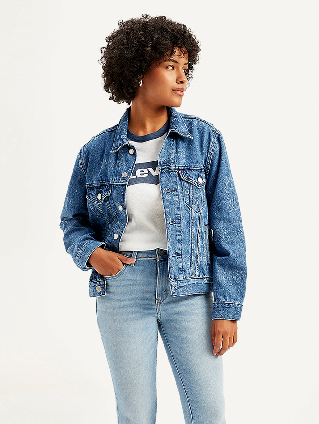 Women's Paisley Print Blue Spread Collar Denim Trucker Jacket - Styleshot View