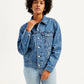 Women's Paisley Print Blue Spread Collar Denim Trucker Jacket - Front View