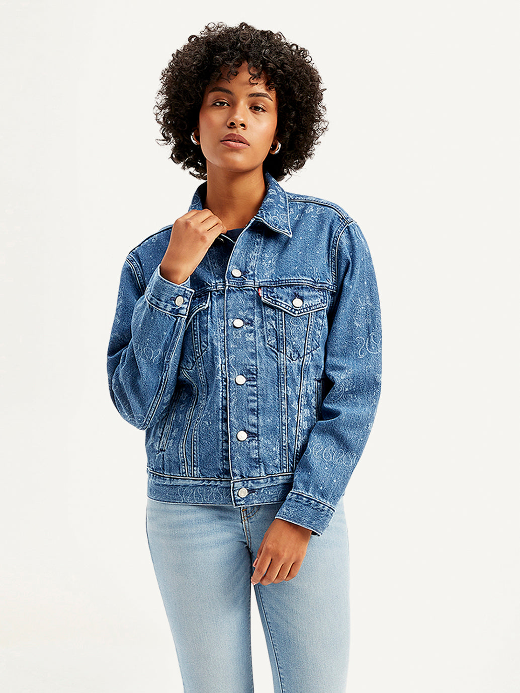 Women's Paisley Print Blue Spread Collar Denim Trucker Jacket - Front View