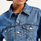 Women's Paisley Print Blue Spread Collar Denim Trucker Jacket - Detail View