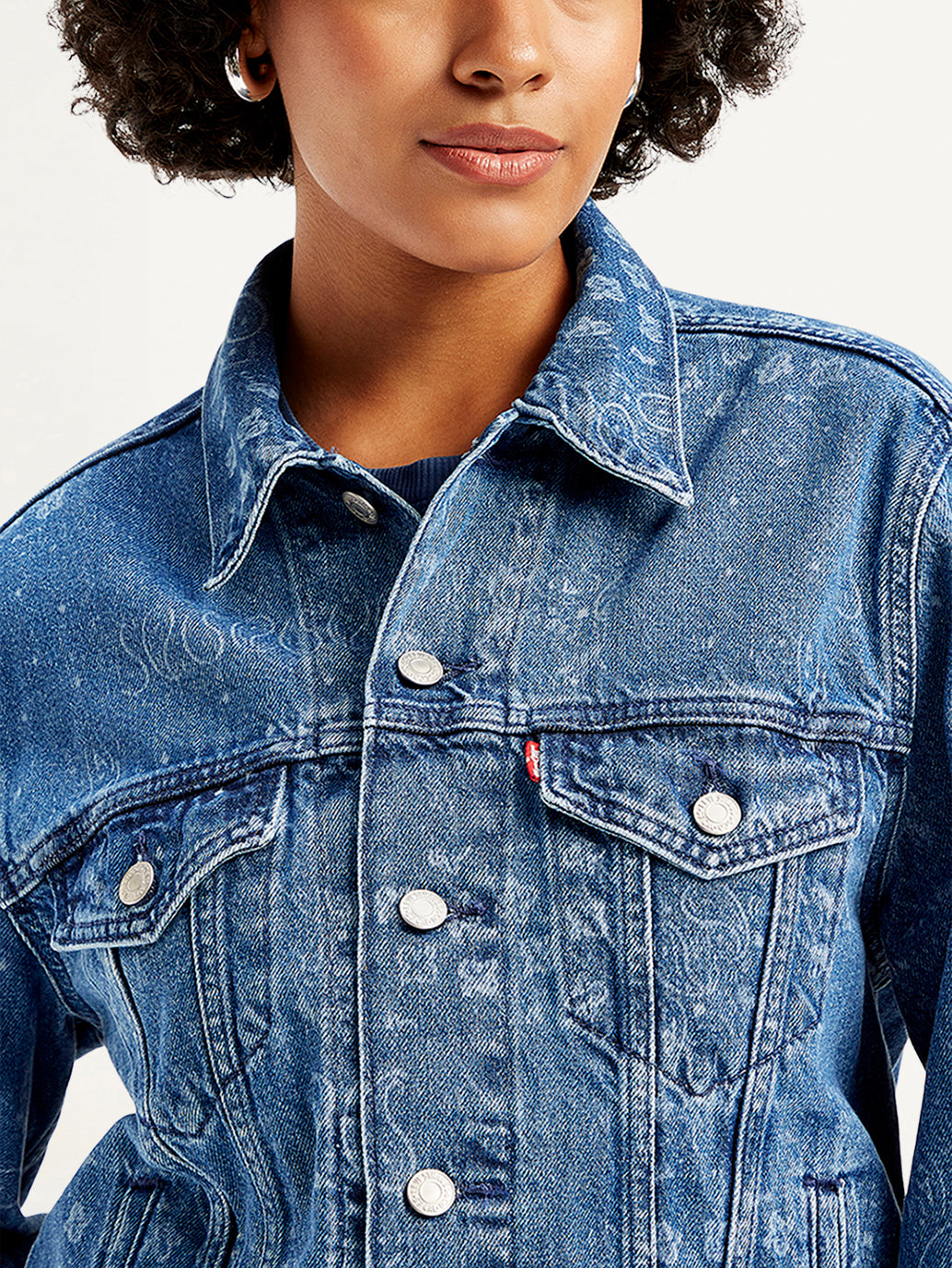 Women's Paisley Print Blue Spread Collar Denim Trucker Jacket - Detail View