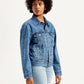 Women's Paisley Print Blue Spread Collar Denim Trucker Jacket - Side View
