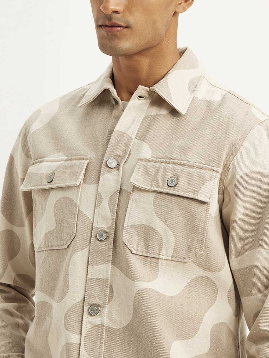 Men's Abstract Beige Relaxed Fit Utility Overshirt - 58329b38606195ea132fc4c528d1e8af View