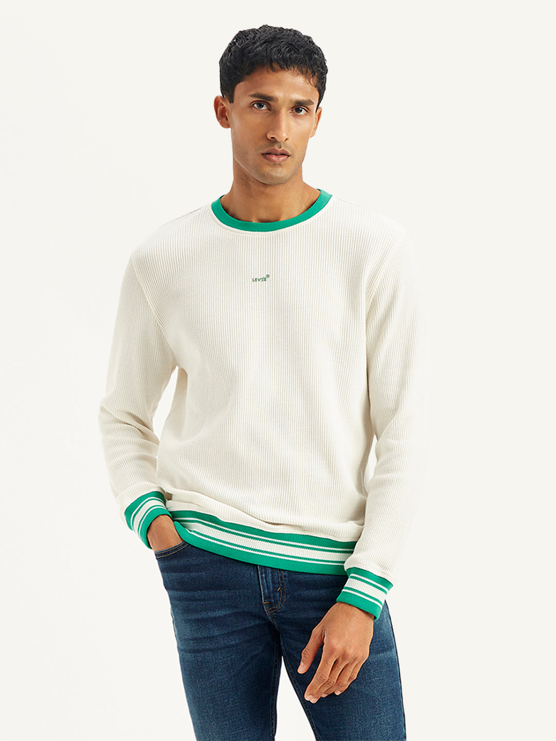 Men's Solid Off-White Crew Neck Sweater - Front View