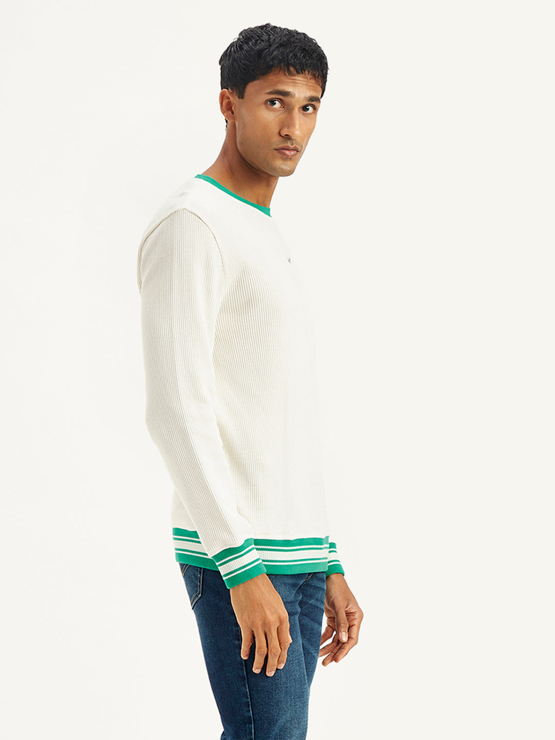 Men's Solid Off-White Crew Neck Sweater - Side View